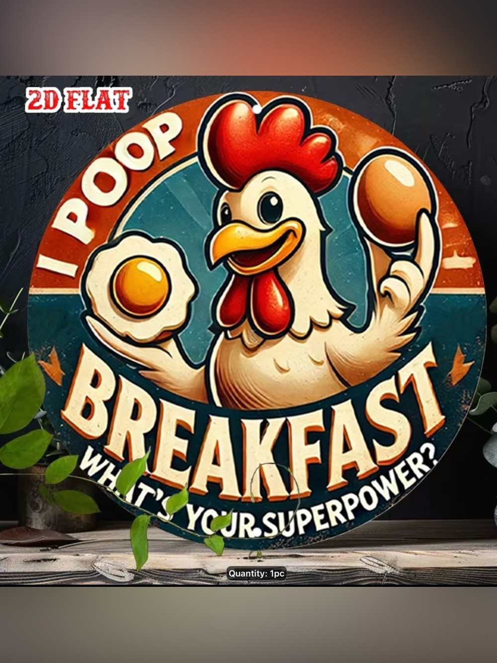 Breakfast Chicken Wall Aluminum Metal Sign - Cream, Red & Orange